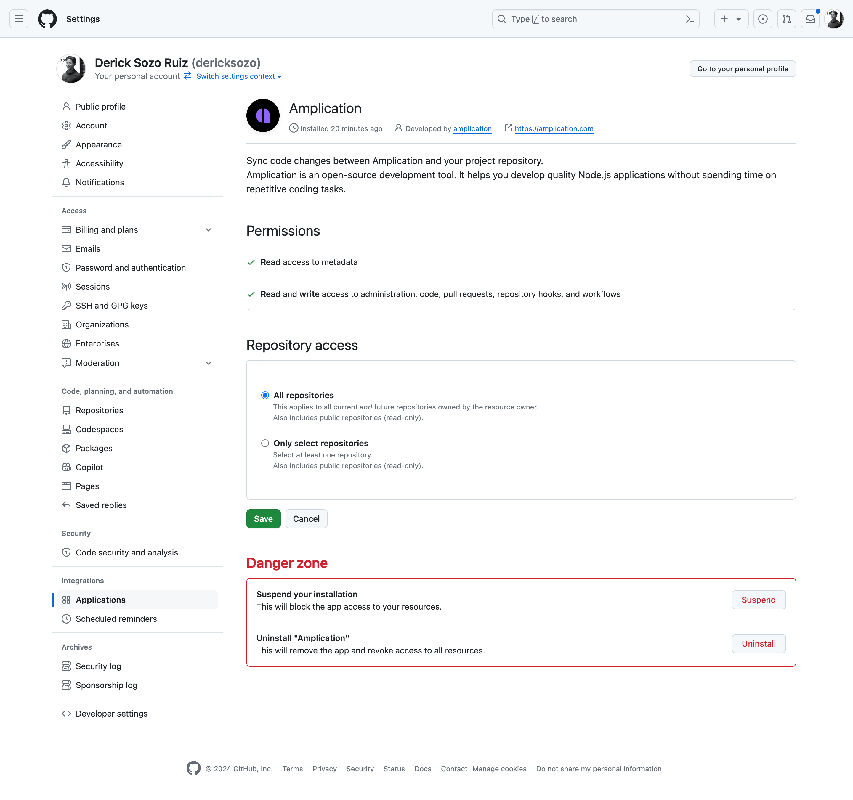 GitHub App Settings Page